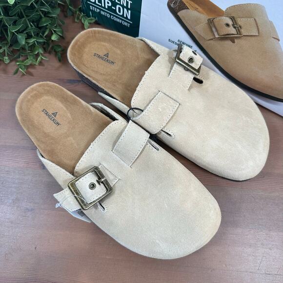 Staheekum Women's Crescent Slip On Tan Suede Buckle Clogs Size 8 - Picture 1 of 9